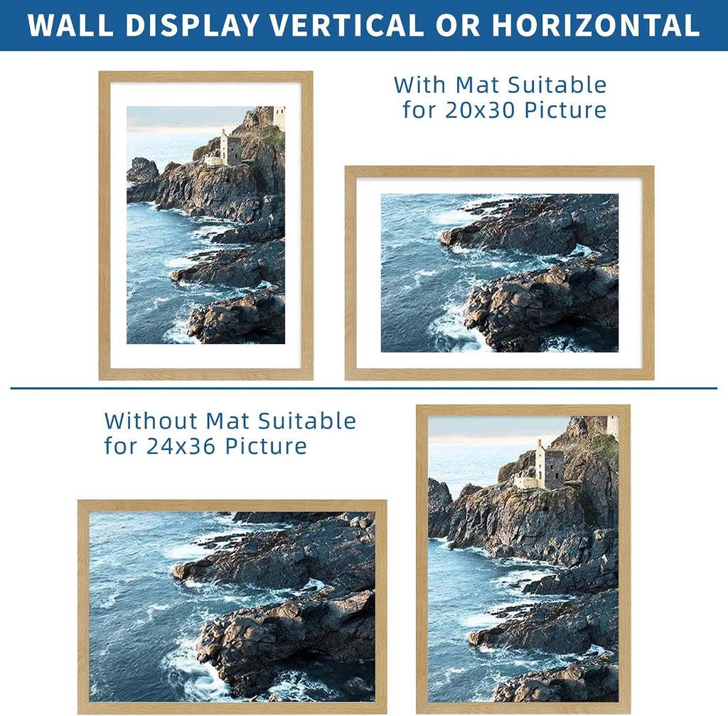 24x36 Poster Frame Set of 2, Natural Oak Wood Style - Display 20x30 Picture with Mat or 24 x 36 Poster without Mat