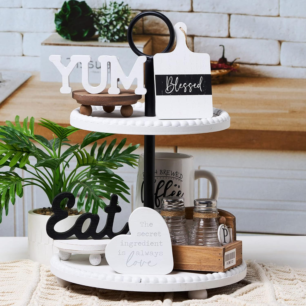 GENMOUS Farmhouse Kitchen Tiered Tray Decor Items Mini Set, Rustic Black and White Kitchen Counter Decor, Two Tiered - Set of 4