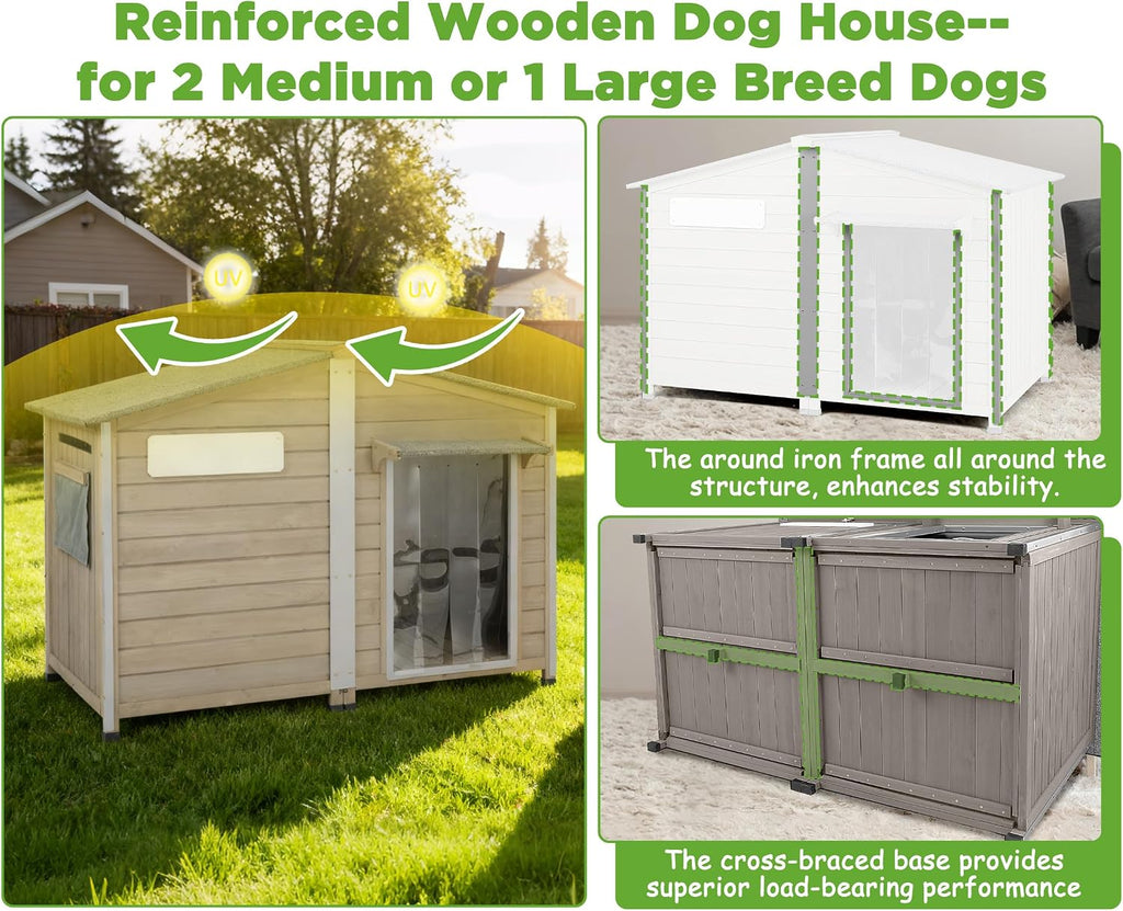 Large Dog House Outdoor Indoor -55" Weatherproof Extra XL Dog Kennel for Small to Large Sized Dogs Wooden Doghouse