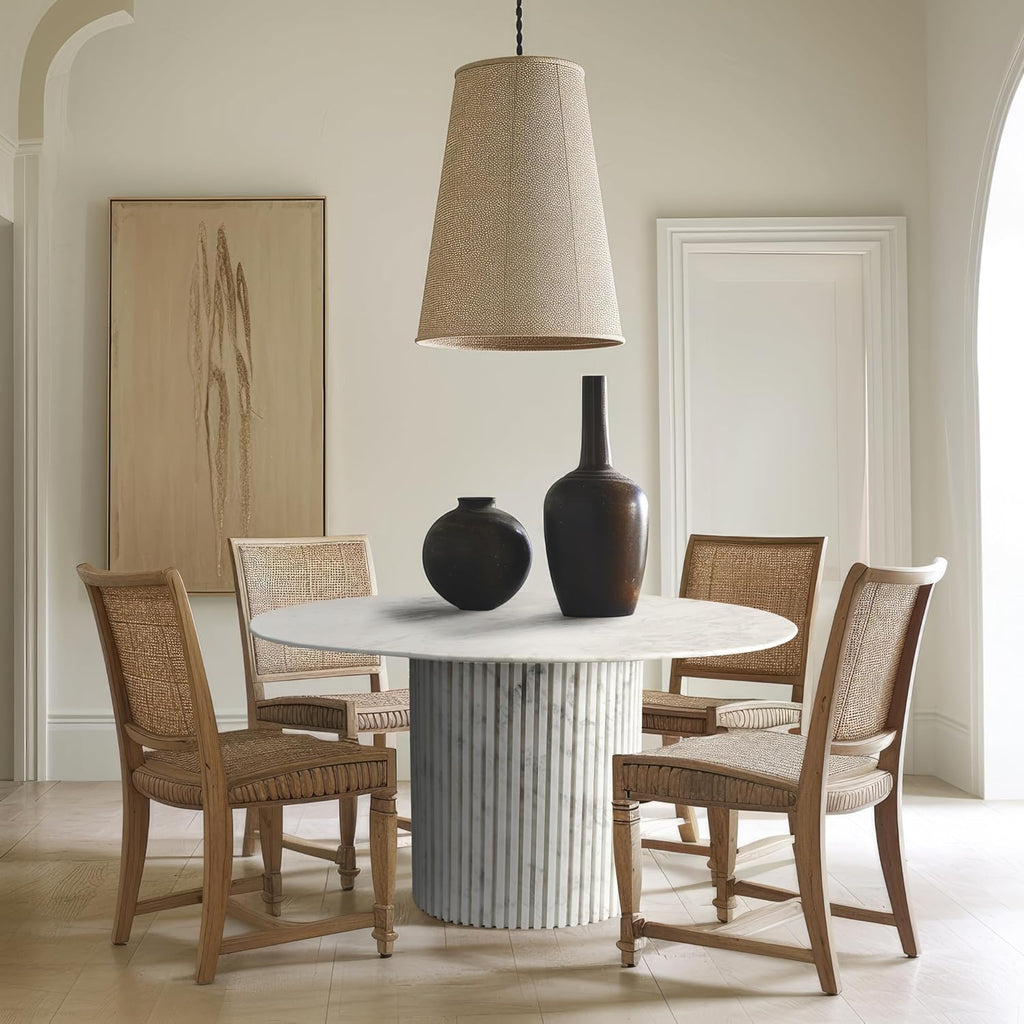 248White-DT48 Genoa Collection Art Deco Dining Table with Handcrafted Genuine Marble, White Marble with Light Grey