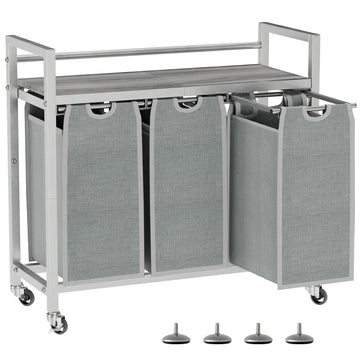 Laundry Sorter, Laundry Hamper 3 Section, 3×11.4Gal, Metal Frame Rolling Laundry Basket with Wooden Top Shelf, Pull