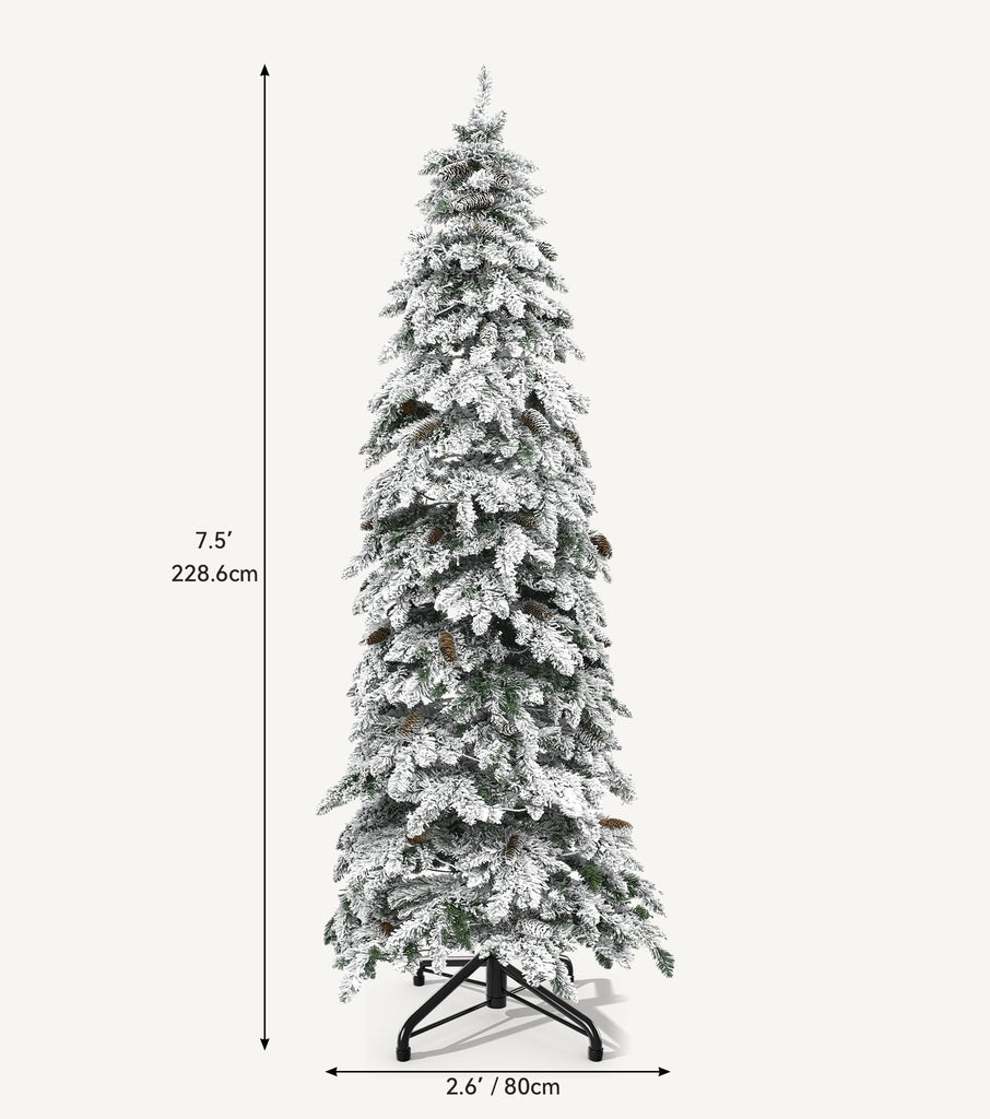 7.5FT Prelit Flocked Pencil Spruce Christmas Tree with LED Lights