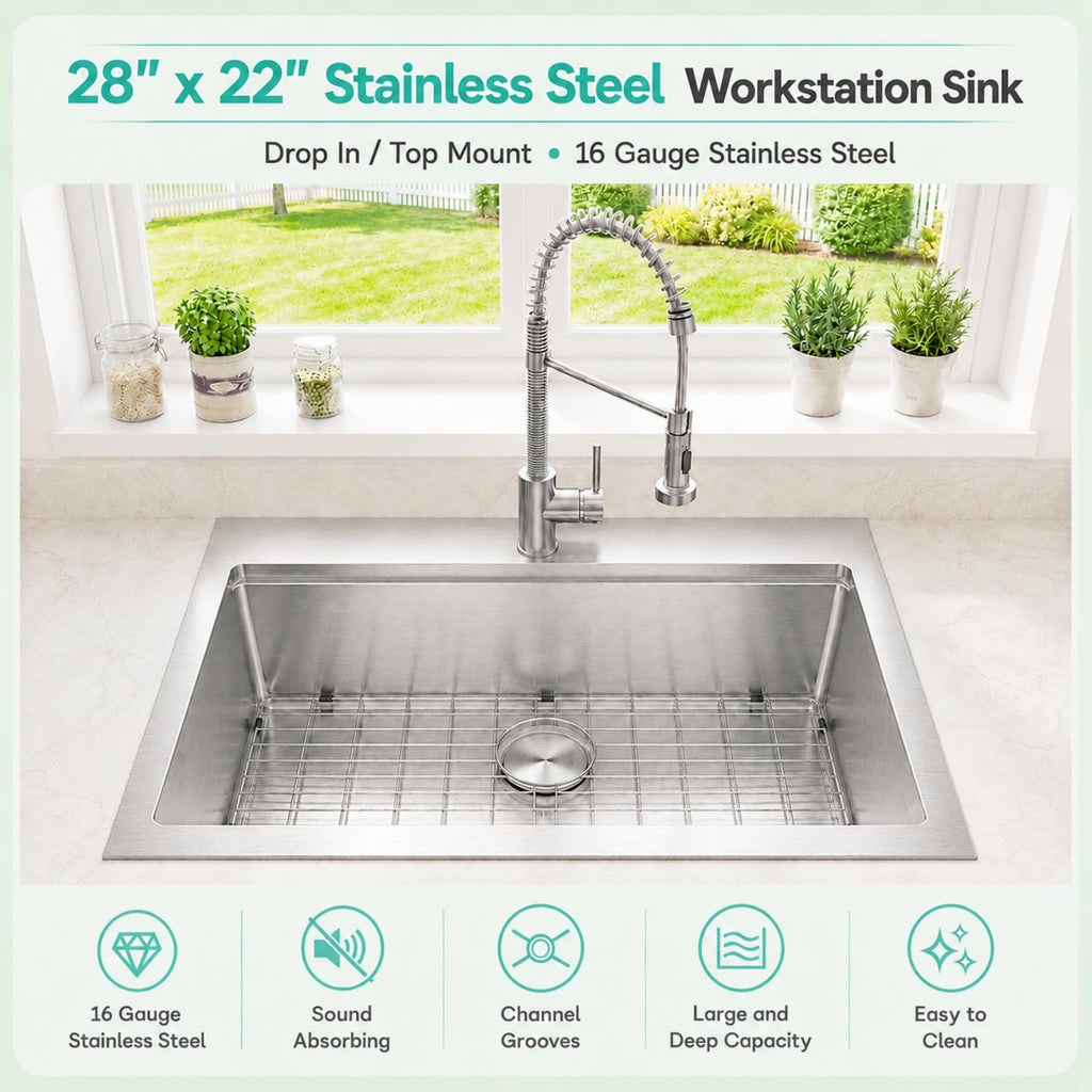 Drop In 28" X 22", Single Bowl Workstation Sinks