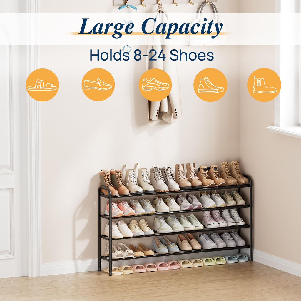 4 Tier Expandable Shoe Rack, Metal Small Shoes Shelf, Black