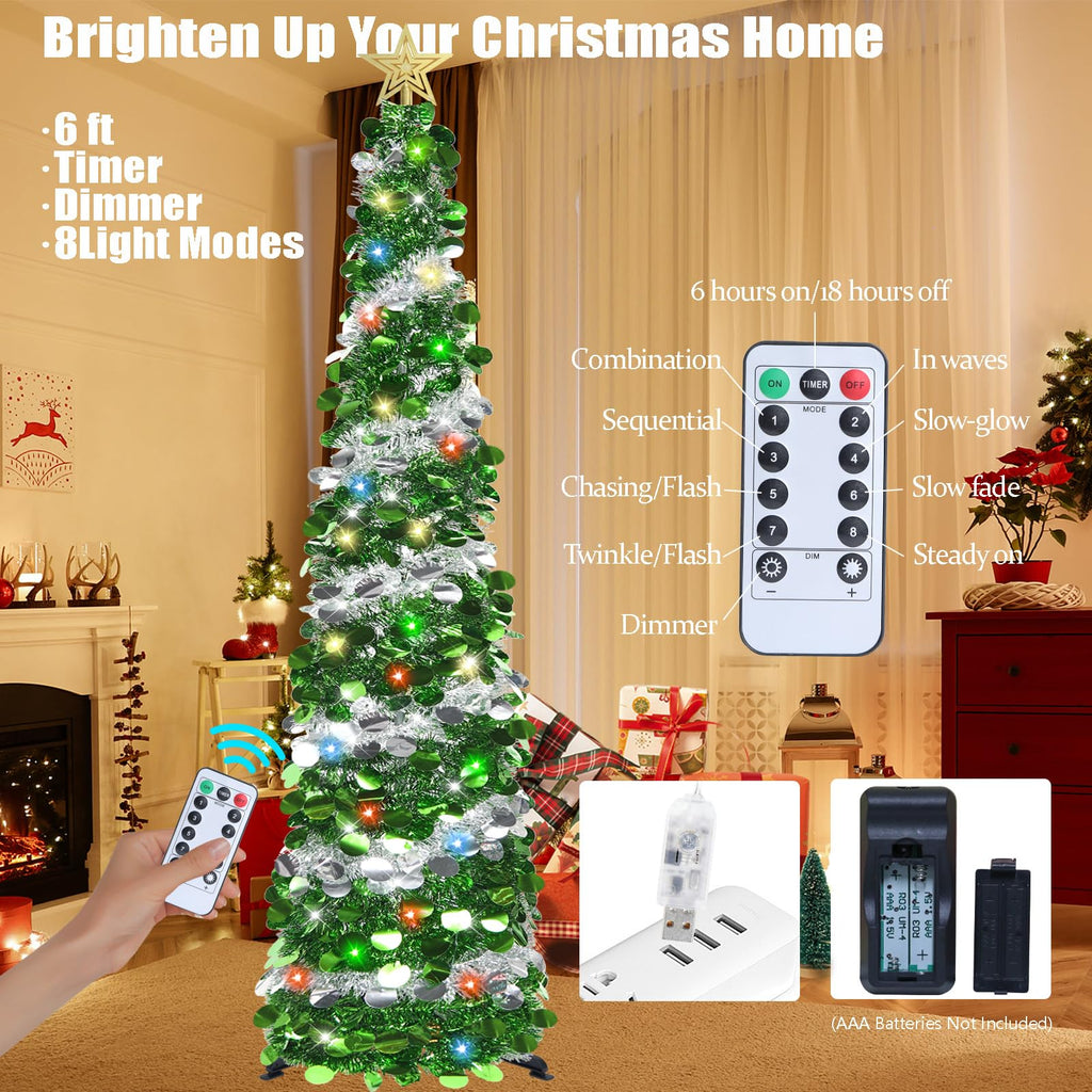 6 FT Pop Up Tinsel with 100 Colored Timer Lights & Remote, Green Silver Collapsible Artificial Pencil Tree Xmas