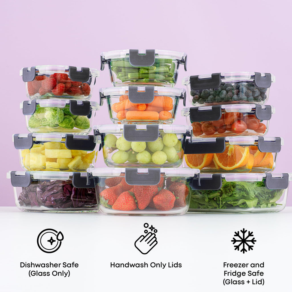 24pc Borosilicate Glass Storage Containers with Lids | 12 Airtight/Freezer Safe Food Storage Containers for Pantry