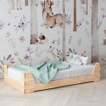 Maverick Montessori Toddler Floor Bed with 2 Heights, Natural Wood Grain