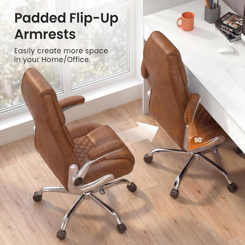 Executive High Back Ergonomic Computer Desk Chair with Adjustable Lumbar Support Padded FILP-up Arms PU Leather Comfy