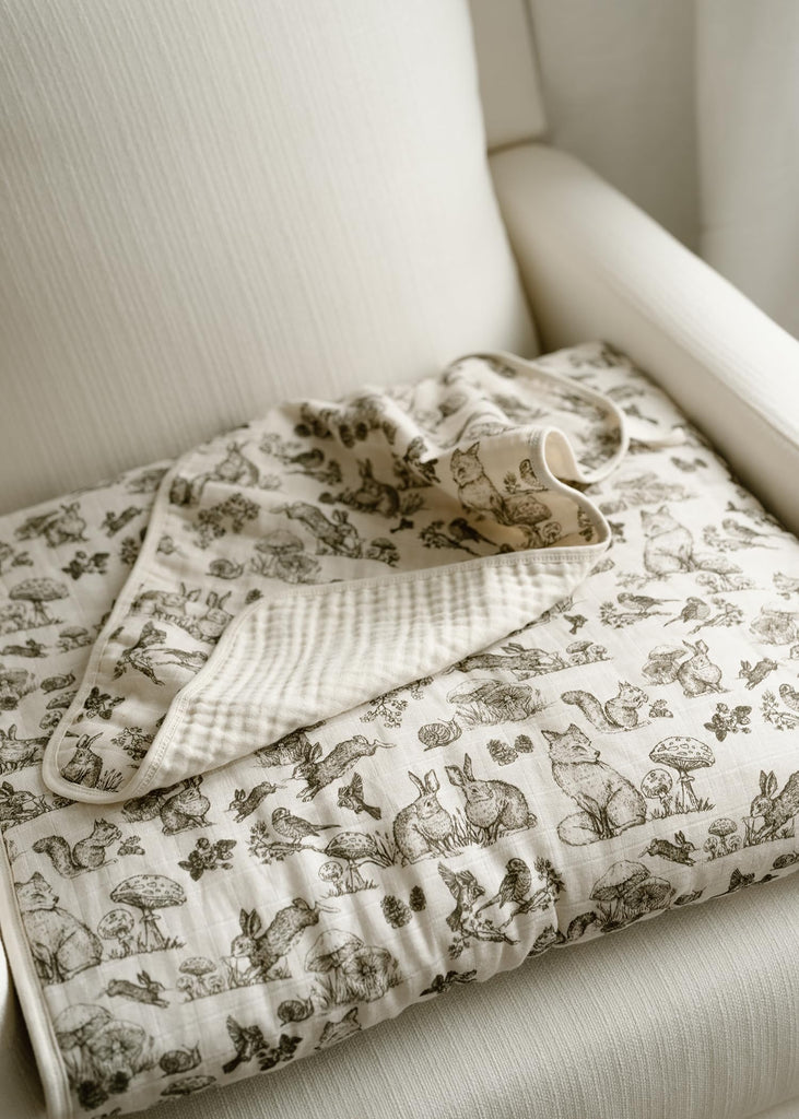 Woodland Crib Bedding Set, 5-Layer Organic Cotton Muslin Crib Quilt & Sham, Forest Animal Nursery, Rabbit Fox Bird