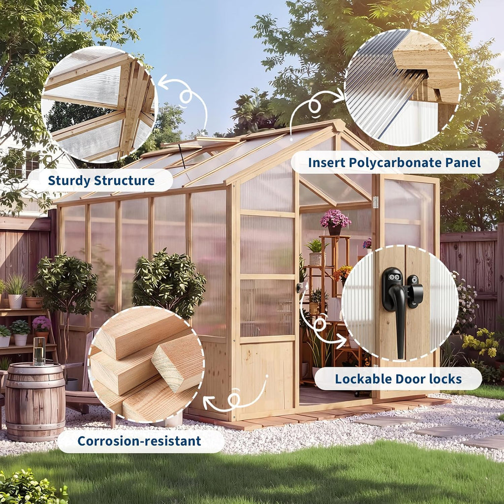 Large Wood Frame Greenhouse for Outdoor - Wooden Walk-in Greenhouse Kit with Polycarbonate Panels, Ventilated Window