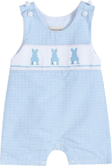 Baby Boys Bunny Smocked Shortalls, Cotton Jon Jon Romper - Spring Summer Toddler One Piece Outfit with Snaps Gift