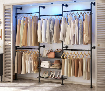 Expandable Industrial Pipe Clothing Rack, 7.3-10.9Ft Closet System
