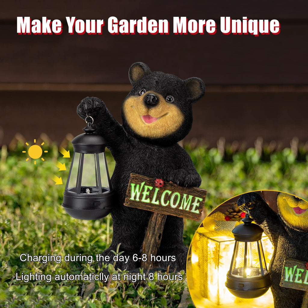 Garden Bear Statue with Solar LED Lantern, Luminous Welcome Sign, Gifts for Christmas Yard Art, Whimsical Figurine