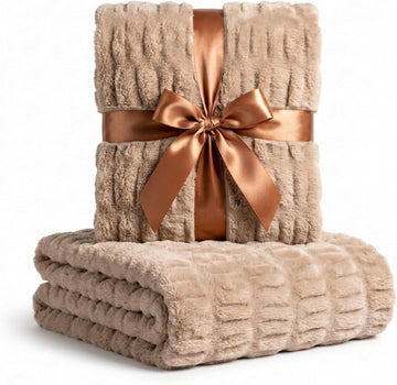 Faux Rabbit Fur Throw Blanket - 50" x 60", Elegant Ruched Design Blanket, Machine Washable and Wrinkle Resistant