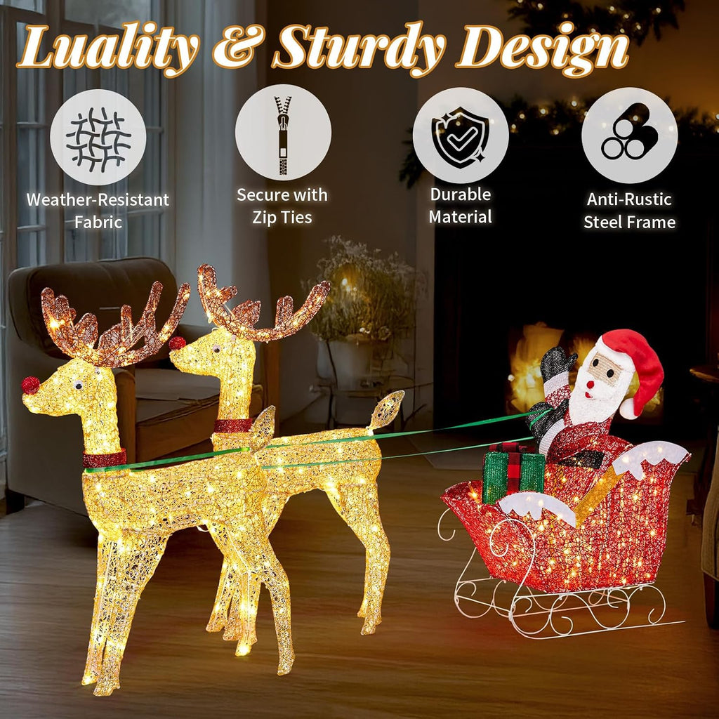 6FT Lighted Christmas Reindeer and Sleigh Outdoor Decorations, 2 Reindeer Pulling Santa's Sleigh, Warm White LED
