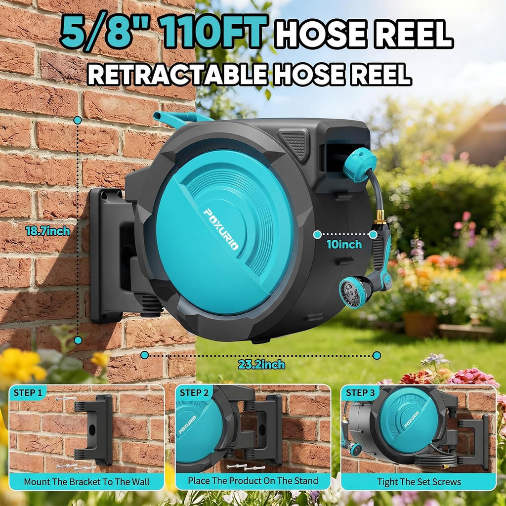 5/8" 110FT Retractable Garden Hose Reel-Heavy Duty Automatic Wall Mounted Hose Reel with 2026 Upgraded UV Resistant