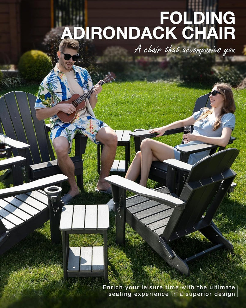 Folding Adirondack Chair Wood Texture, Patio Chairs Weather Resistant, Outdoor Chair, Lawn Chair with Cup Holder
