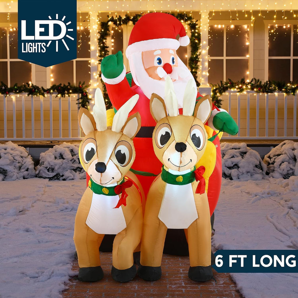 6 FT Long Christmas Inflatable Santa on Sleigh with 2 Reindeer, Inflatable Christmas Yard Decorations with Build-in
