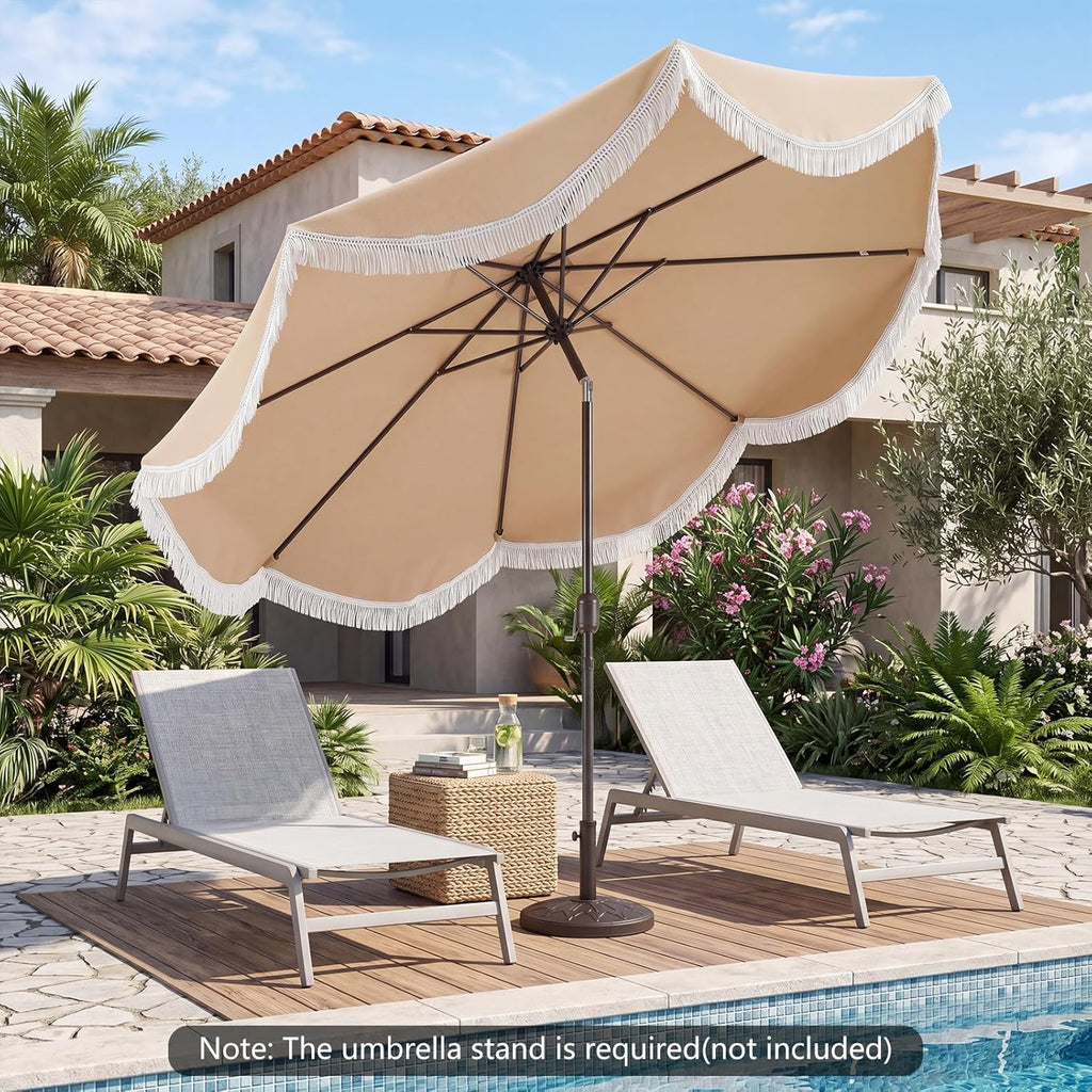 Patio Umbrella with Fringe, Boho Scalloped Canopy & Crank Lift - Beige 10 FT