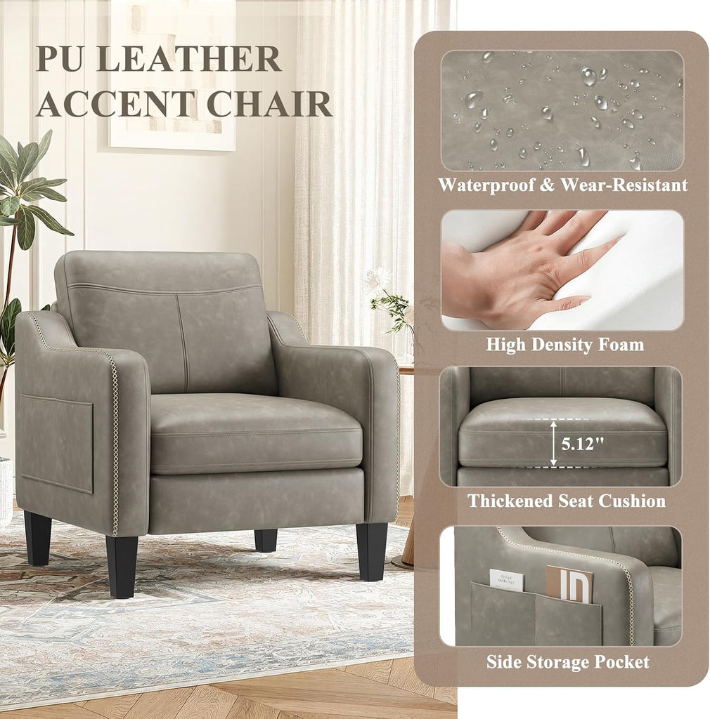 PU Leather Accent Chair, Mid-Century Modern Living Room Armchair Sofa with Removable Cushions, Solid Wood - Set of 2
