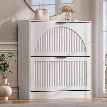 Fluted Shoe Storage Cabinet, 2 Flip Drawers, White