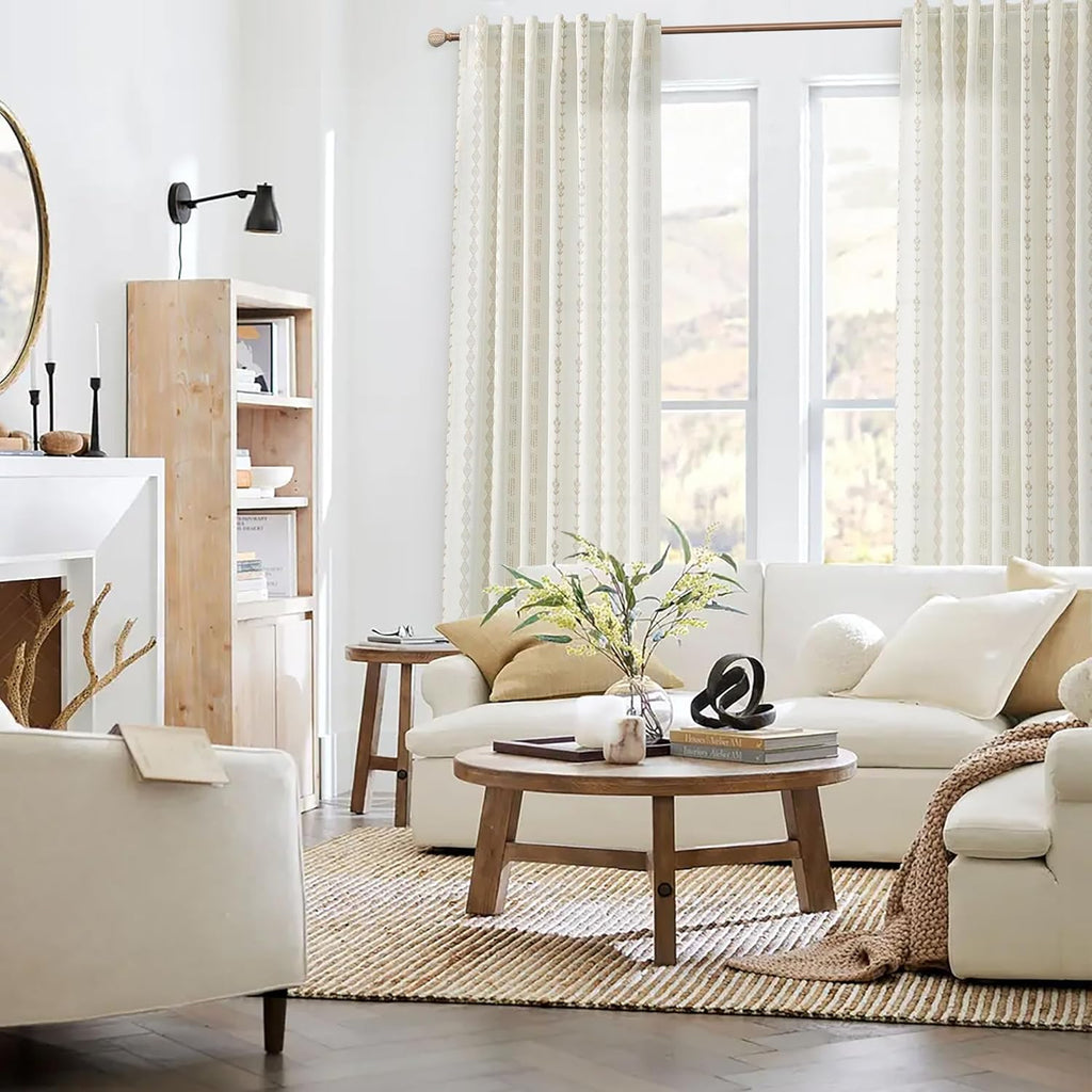 Linen Farmhouse Curtains, Neutral Taupe Cream Light Filtering Boho Sheer Floral Patterned Curtains for Dining Room