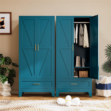 Metal Wardrobe Closet, 71" Armoire Cabinet with Drawer & Hanging Rod, Freestanding 2-Door Clothing Storage with