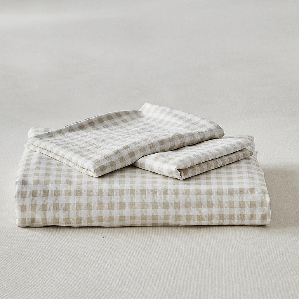 Gingham King Duvet Cover Set, Brown Tan Plaid Checkered Washed Microfiber Comforter Cover Set, 3 Pieces Soft