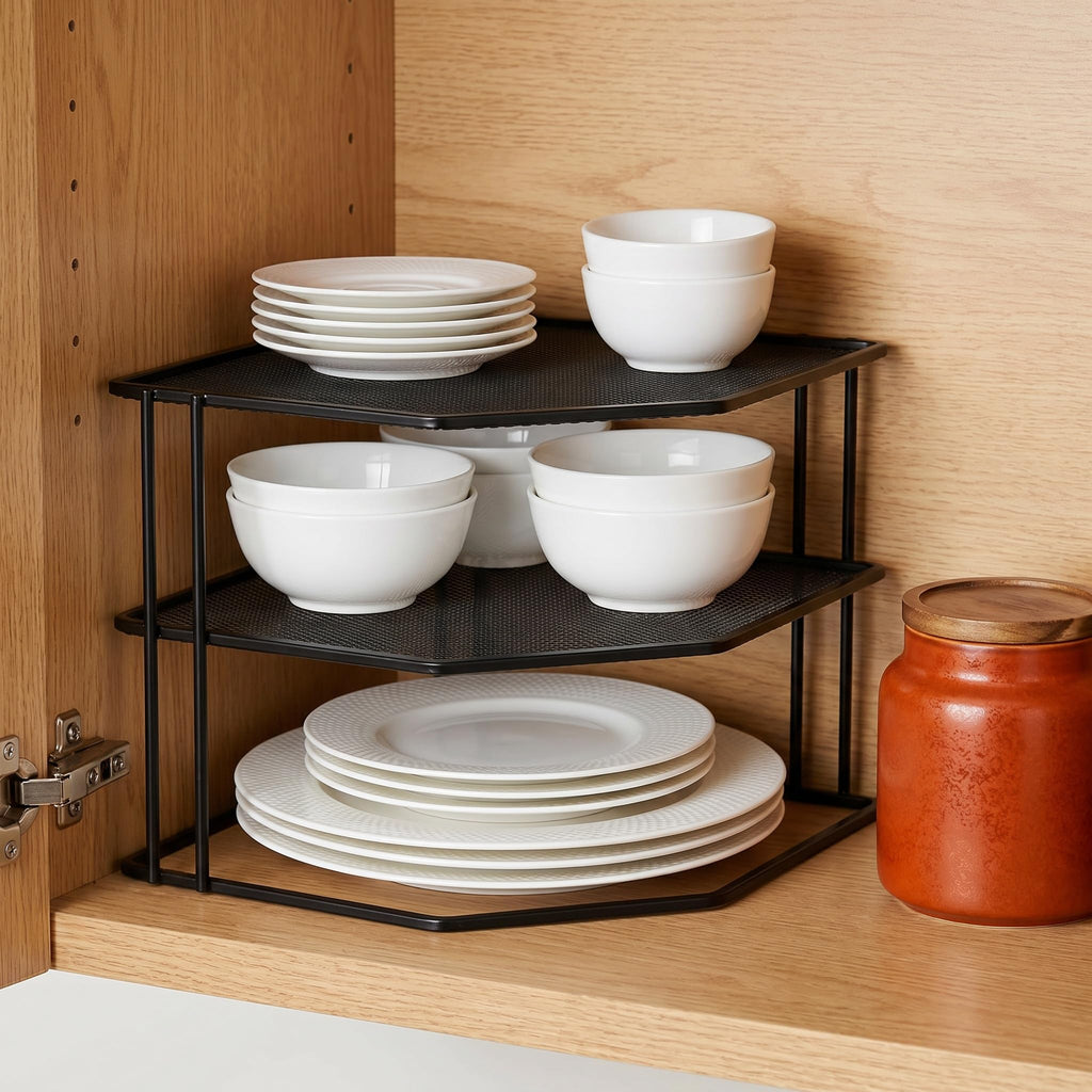 3-Tier Corner Shelf Cabinet Organizer, 9 x 9 x 7.5 Inches Metal Plate Rack Dish Organizer Counter, Cupboard, Pantry