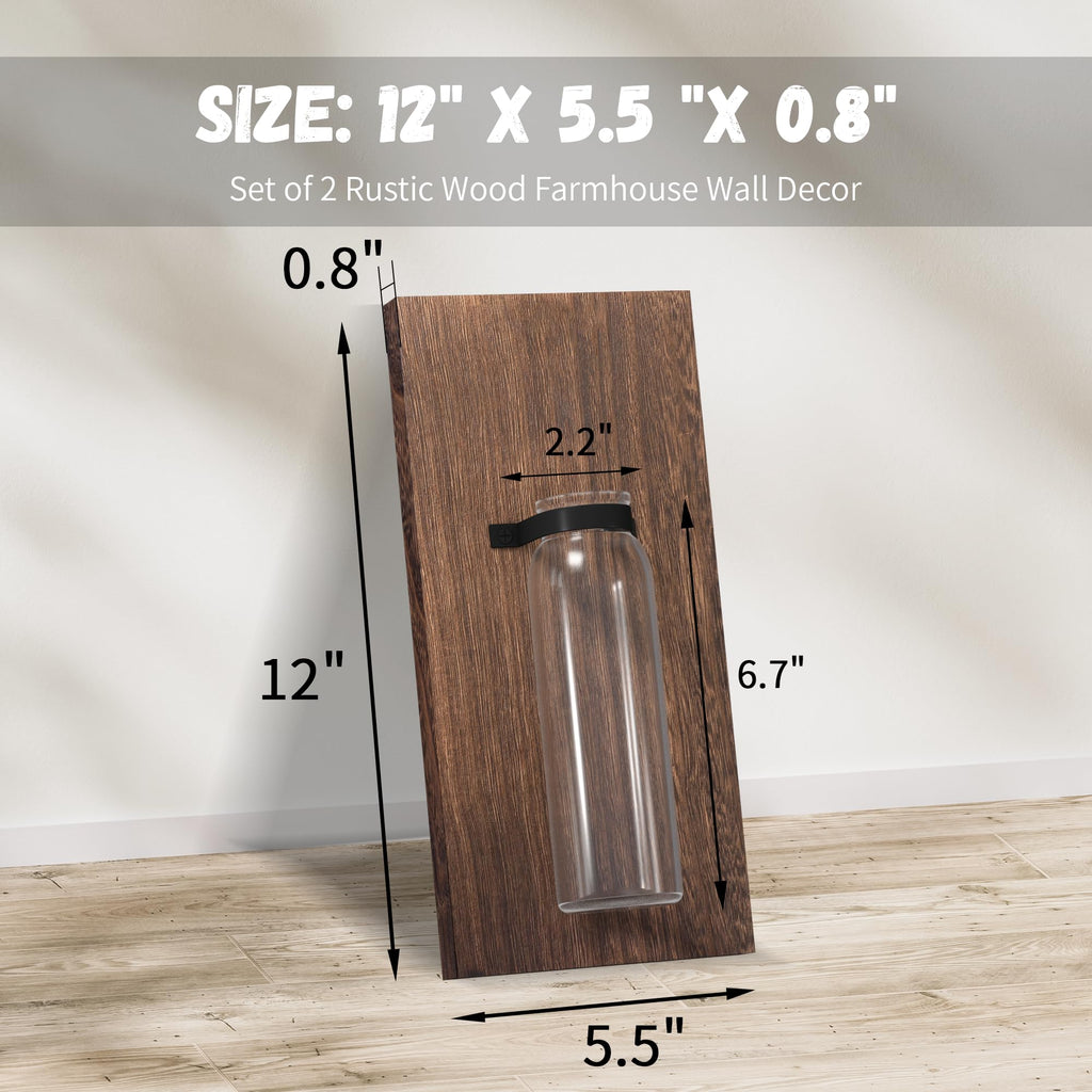 2 Pack Wood Glass Wall Sconces, Farmhouse Planters for Indoor Plants, Rustic Decor, Hanging Vase (Brown)