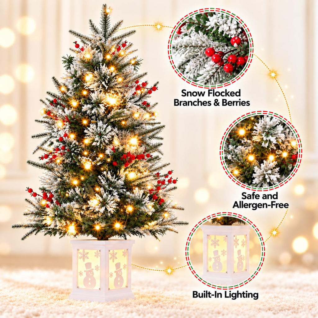 Holiday Ready 3 ft Pre-Lit Artificial Christmas Tree, Snow-Flocked Pine with Red Berries, Timer Function and Led