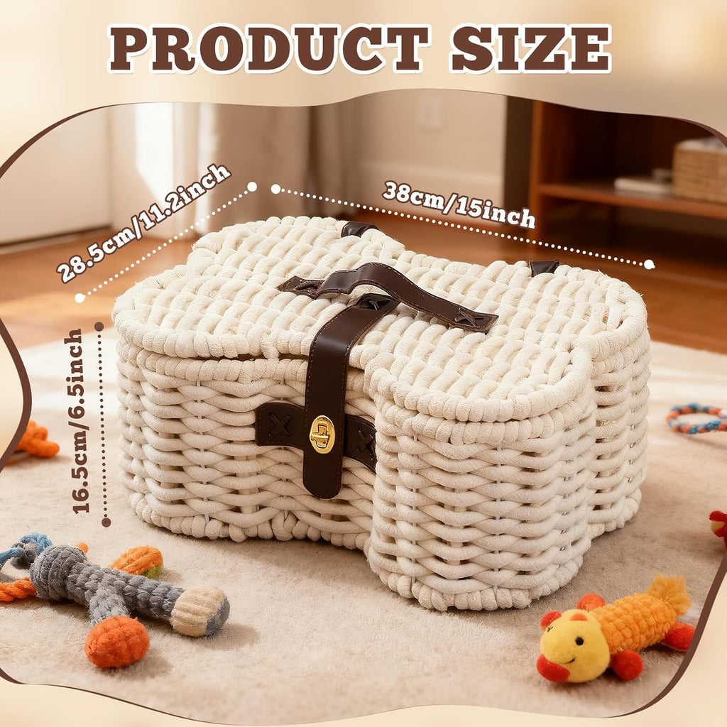 Shaped Dog Toy Basket with Lid, Cotton Rope Woven Pet Toys Bin