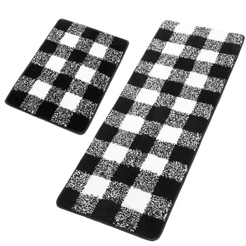 2 Pcs Microfiber Plaid Bathroom Rugs, 17x24 & 17x47 Black & White