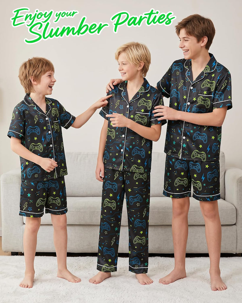 Boys Pajamas Silky Satin Piece Pant Shirt Shorts Sleepwear Pjs Set for Kids Button Down Loungewear