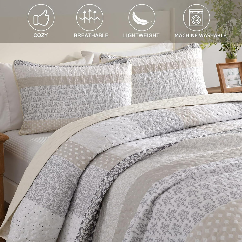 Beige Quilt King, Bohemian Stripe Quilt Sets 3 Pieces Boho Quilted Bedspread Set Lightweight Microfiber Coverlet