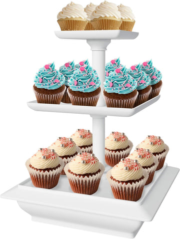 3-Tier Square Cupcake Stand, White, 10" x 12.5"