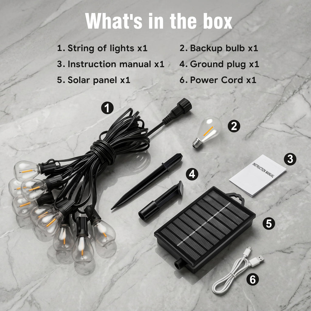Solar String Lights Outdoor, IP65 Waterproof Shatterproof Dimmable LED Bulbs, Solar & USB Powered, 20+ Hrs Long