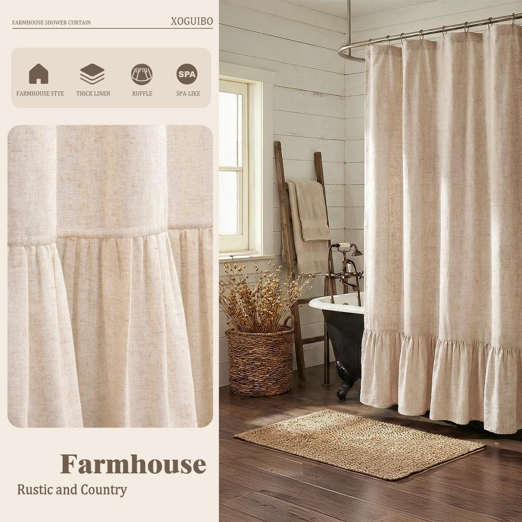Farmhouse Shower Curtain Ruffle Linen Beige 72" W x 84" L