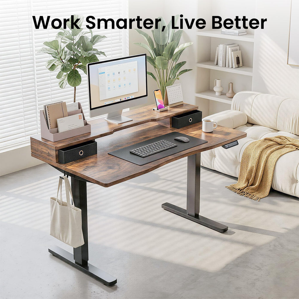 55x26 Inch Electric Standing Desk with Drawers, Rustic Walnut