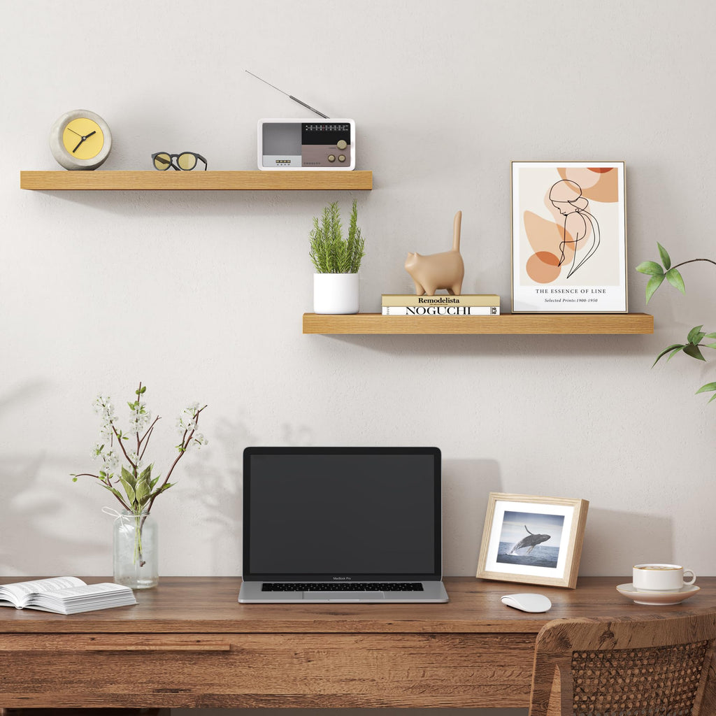 24 Inch Floating Shelves for Wall, Mounted Storage Wood Shelves with Invisible Brackets Hanging Shelf, Set of 2, Oak