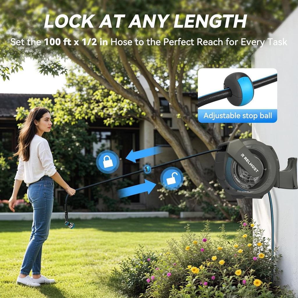 Retractable Garden Hose Reel, 1/2 in x 100 ft Wall Mount Heavy Duty Hose Reel with Any-Length Lock, Auto Rewind
