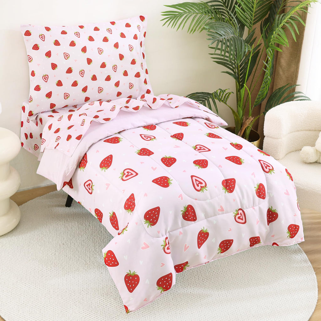 Toddler Bedding Set, 4 Piece Bed-in-a-Bag Toddler Bed Comforter Sets for Girls, Toddler Bed Set, Prink Strawberry