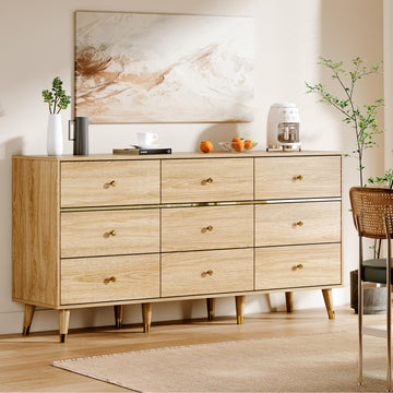 9 Drawer Dresser, 47" Wide Mid Century Modern Chest of Drawers, Wooden Bedroom Drawer Dresser with 9 Storage Drawers