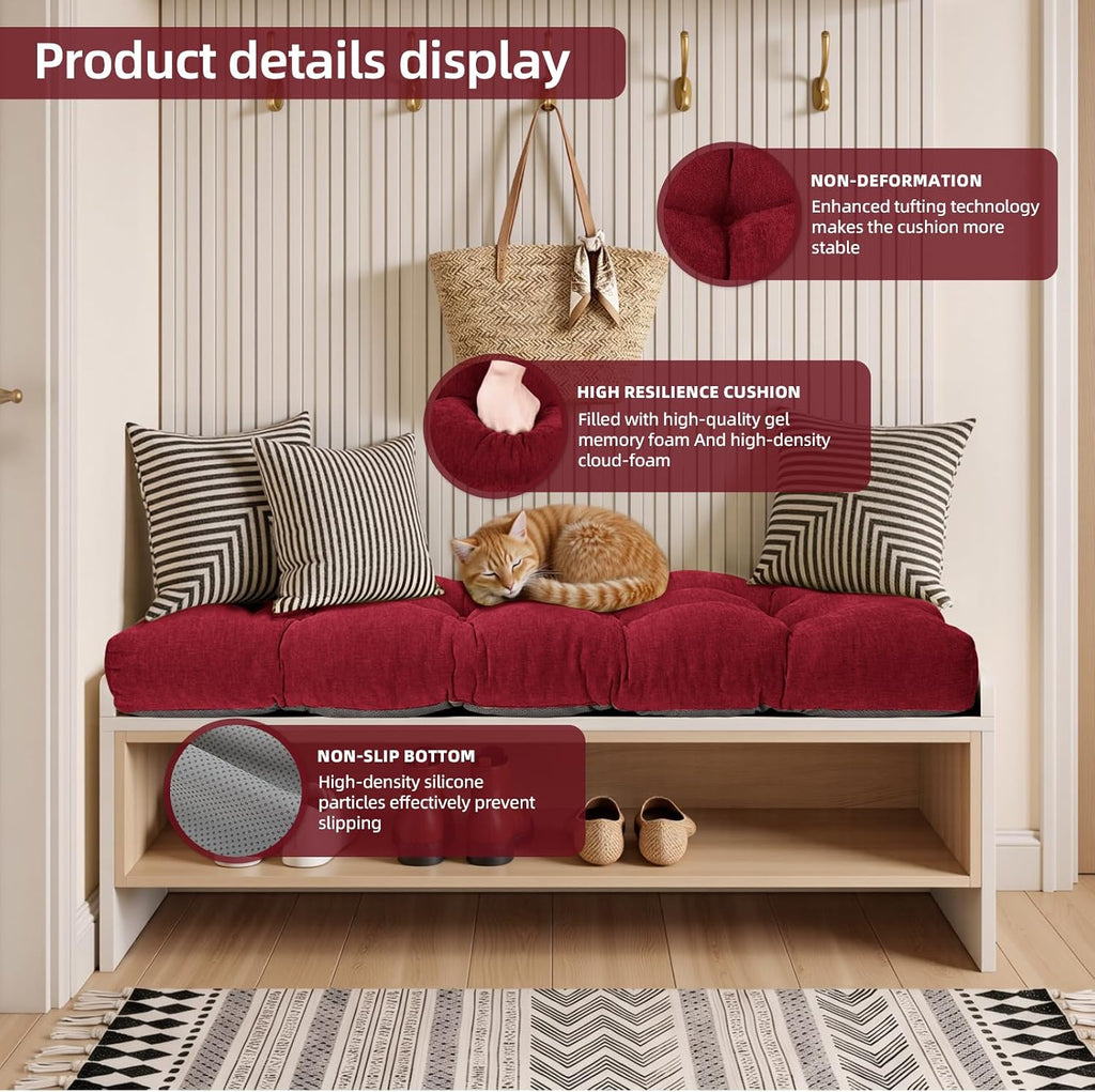 48 Inch Bench Cushion, Tufted Window Seat Cushion with High-Density Memory Foam, Soft Chenille Non-Slip Indoor