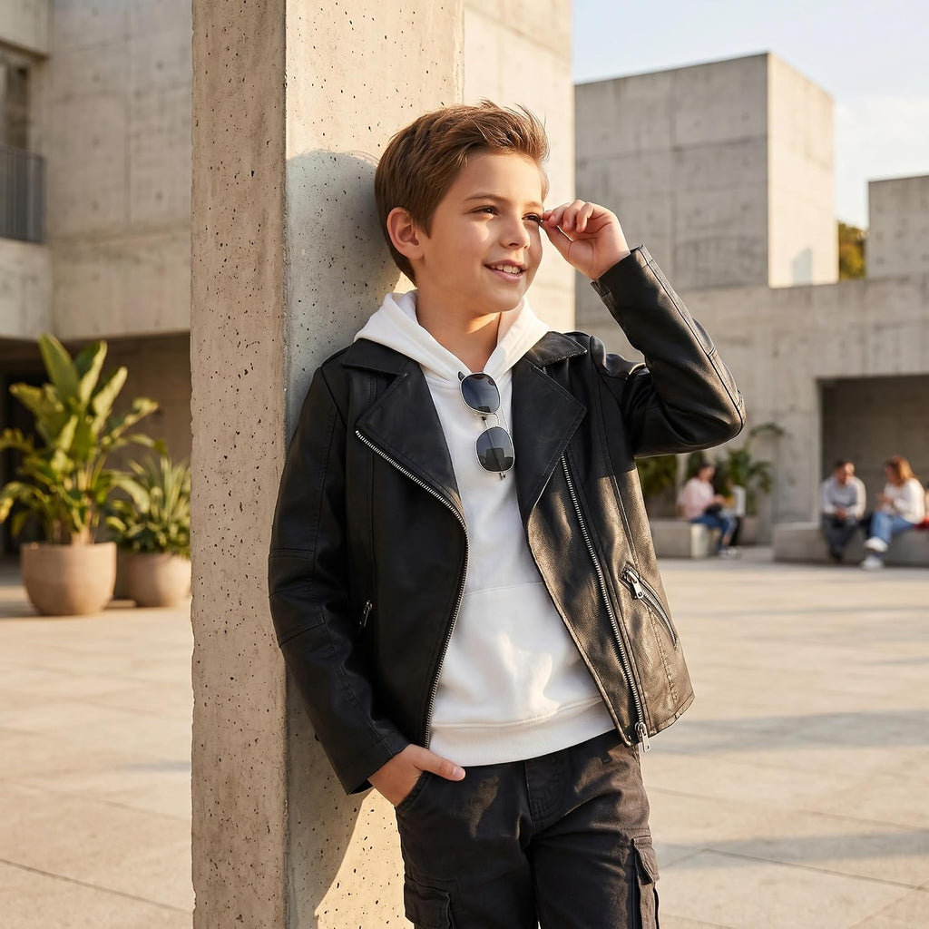 Boys' & Girls' Faux Leather Motorcycle Bomber Jacket
