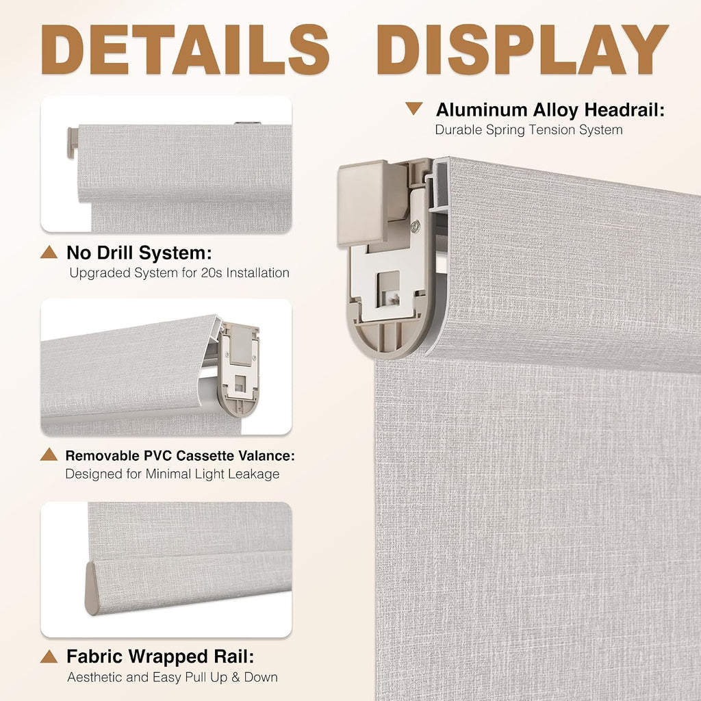 No Drill Cordless Blackout Roller Shades, Grey, 22" W x 72" H