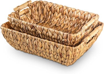 Woven Storage Baskets - Set of 3 Handwoven Water Hyacinth Wicker Baskets with Wooden Handles for Organizing