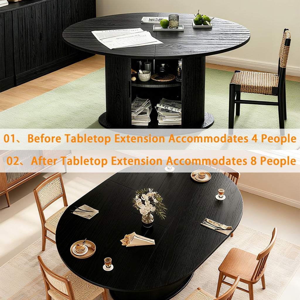Extendable Round Dining Table for 2-4-6, 63 Inch Dining Room Kitchen Table with 2-Tier Storage Shelf, Modern
