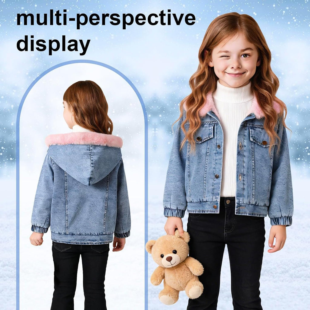 Girls Pink Fluffy Hood Fleece Lined Warm Denim Jacket for Toddler Girls
