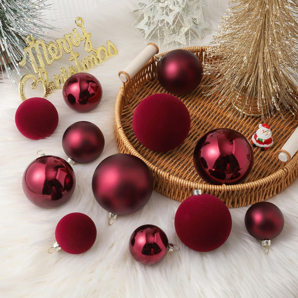 Burgundy Velvet Christmas Ball Ornaments - 36pcs Shatterproof Flocked Christmas Ornaments, Vintage Hanging Xmas Tree